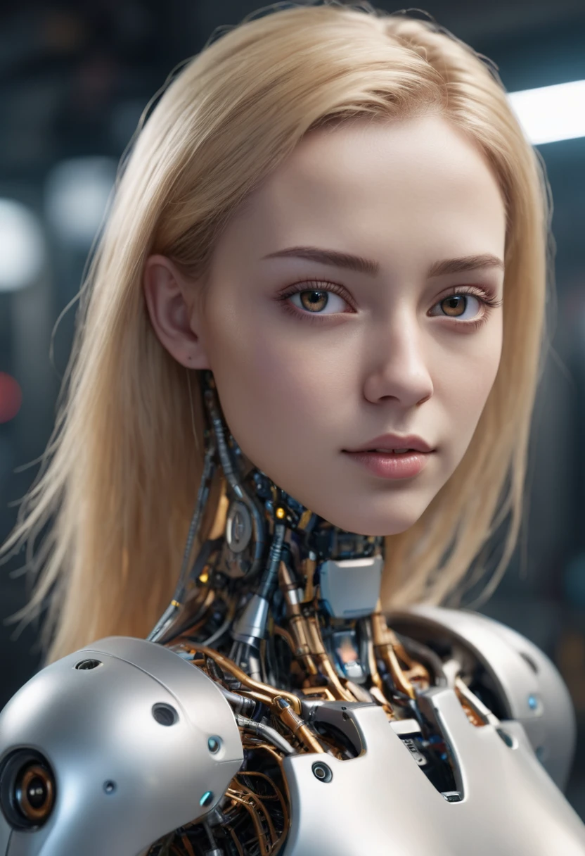 A beautiful blond-haired female robot, wearing no clothes, with small breasts and a V-line figure, standing upright,fit body, full body, looking at computer screen (best quality,4k,8k,highres,masterpiece:1.2),ultra-detailed,(realistic,photorealistic,photo-realistic:1.37),extremely detailed face and body, detailed facial features, detailed eyes and lips, highly detailed skin, shiny metallic body, intricate mechanical details, advanced robotics, advanced technology, science fiction, cinematic lighting, dramatic lighting, moody lighting, cinematic atmosphere, vibrant colors, warm color tones