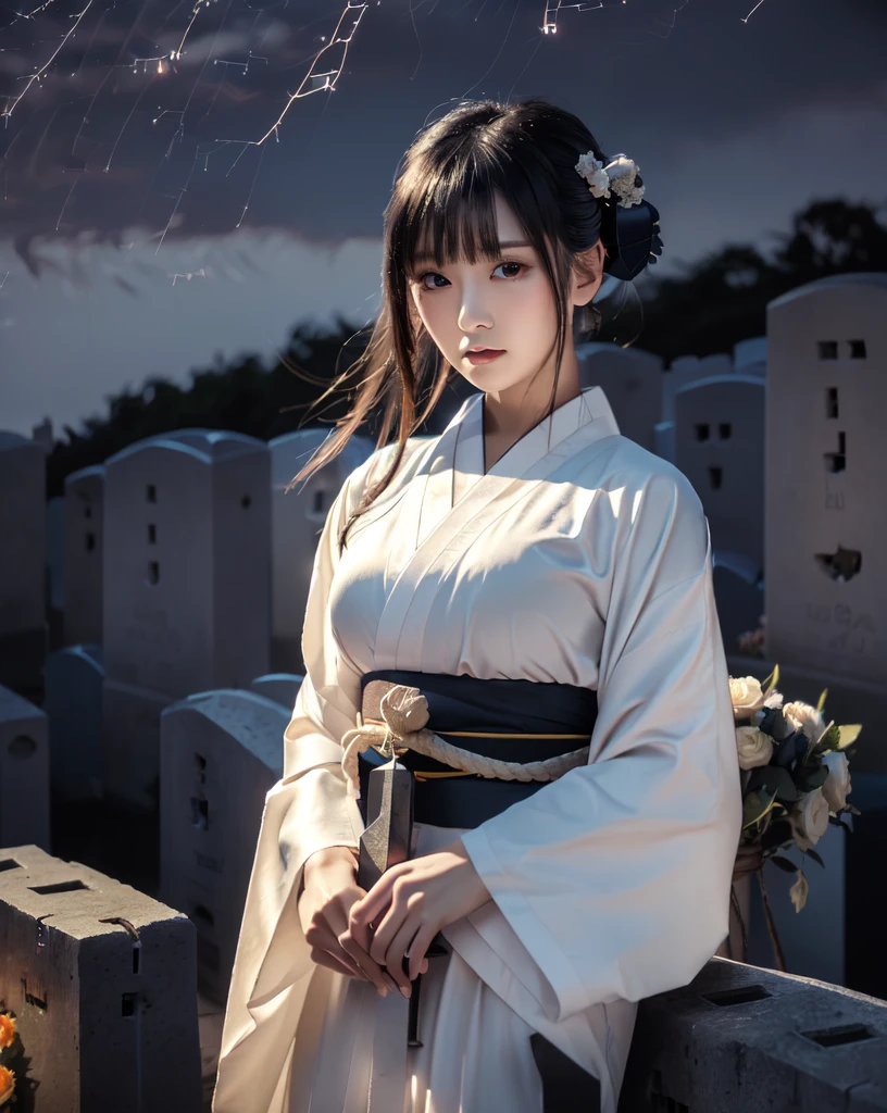 (Highest quality, 32k, High resolution, Masterpiece:1.5), marimo_jet, World of Darkness, A terrifying photograph, Horror, Evoking eerie silence and elusive beauty, Expressing emotions, Have a rich imagination, Beautiful Japanese Girls, An exceptionally beautiful face, Small Face Beauty, , Perfect Human Anatomy, Magical big eyes, Fleeting Expression, Black Hair, Neat, super long, straight silk hair, Asymmetrical bangs, Hair between the eyes, Unhealthy pale skin, Sharp eyebrows, Thin lashes, ((White kimono:1.43)), Slim figure with ample breasts, ((A hill lined with gravestones:1.5)), ((midnight:1.8)), Professional photographer, Professional models