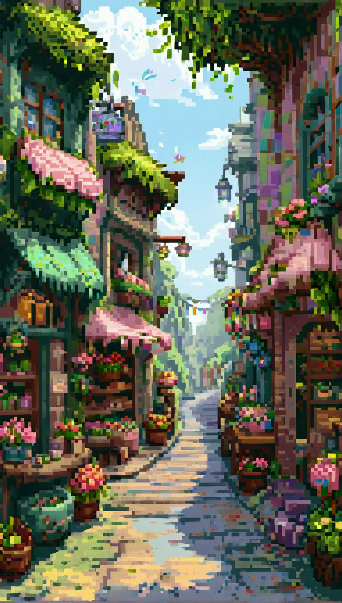 Pixel art for fantasy streets, Lovely shops everywhere,Such as a florist, baker shop, and more. Use a single pallet. Each shop is decorated in light colors. The streets are full of cute fantasy creatures, Like elves, unicorns, And talking animals, Wander around — created using Pixlr or Aseprite software, Use light green/Pink/Blue palette—C 10