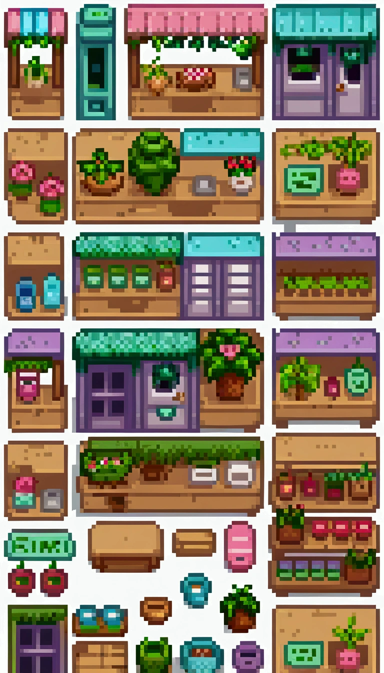 Pixel art for fantasy streets, Lovely shops everywhere，Such as a florist, baker shop, and more. Use a single pallet. Each shop is decorated in light colors.   The streets are full of cute fantasy creatures, Like elves, unicorns, And talking animals, Wander around — created using Pixlr or Aseprite software, Use light green/Pink/Blue palette—C 10