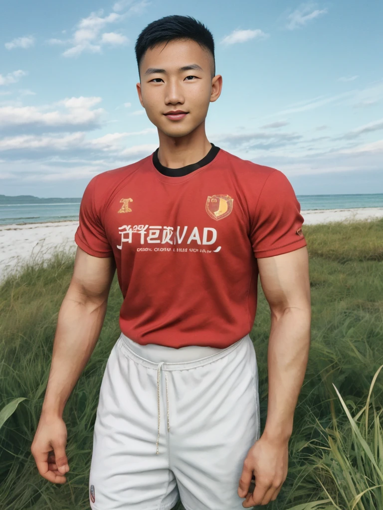 A handsome, muscular young Asian man looks at the camera. In a simple black and red t-shirt. , Fieldside, grass, beach, sunlight, Carrying a camera