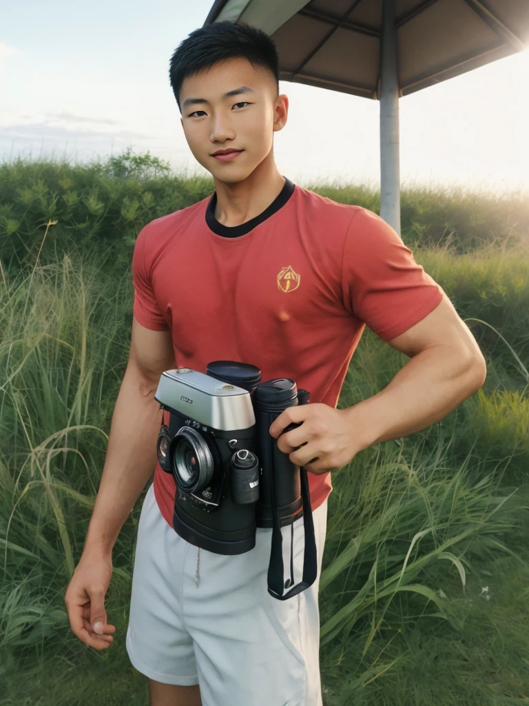 A handsome, muscular young Asian man looks at the camera. In a simple black and red t-shirt. , Fieldside, grass, beach, sunlight, Carrying a camera