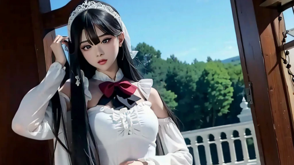 rice, Very detailed, Very realistic, Very sharp, Hyperrealism, Ultra-realistic, Highest quality, 1 girl, (absurdly long hair:1.2, hime cut, straight hair, black hair), (Detailed Hair, Detailed skin), (Slim figure, Flat Chest), (long sleeves, frilled clothing, gothic ta), (long sleeves, frilled clothing, gothic lolihalf body photo, side view, dynamic angle)