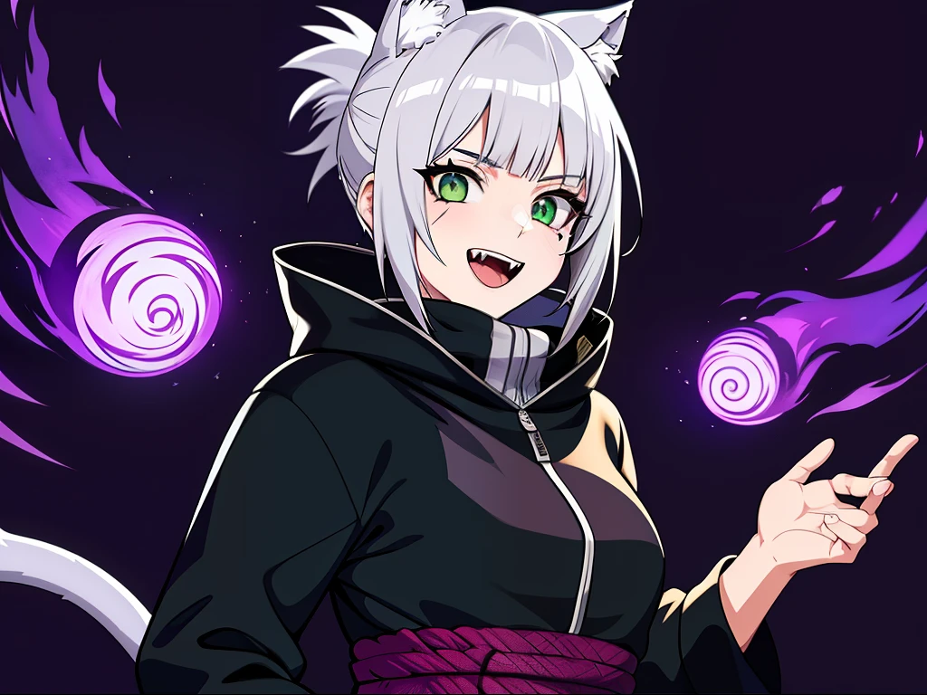 SFW, ultra 4k hd, absurdres, anime, naruto, white hair, lavender hair, gray hair, silver hair, neko, green eyes, ninja, short hair, chubby, medium breasts, messy hair, gray hair, cat ears, catgirl, nekomimi, cat tail, forehead protector, kunoichi, hair between eyes, silver hair, anime style, fullbody, eye scar, fangs, 1girl, naruto shippuden, solo, baggy clothes, alone, forest, village, 1fang, cloak, fishnets, v bangs, bangs, fluffy, dark clothes, purple clothes, clothing design, ninja fashion, light eyes, scar over eye, light green eyes, scars, hood, hood down, hood off, ((best quality:1), (masterpiece:1), (ultra-detailed:1):1.3), cinematic lighting, detailed background, detailed, absurd detail, ahoge, half updo hairstyle, dynamic lighting, (detailed background:1), sidetails, long side locks