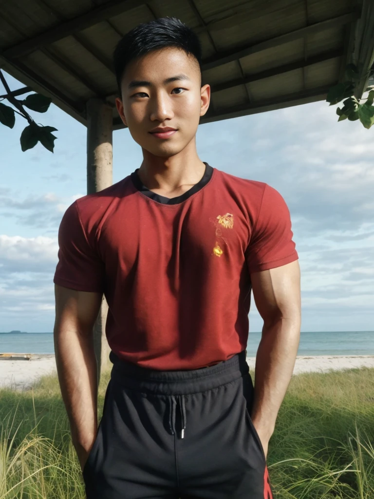 A handsome, muscular young Asian man looks at the camera. In a simple black and red t-shirt. , Fieldside, grass, beach, sunlight, 