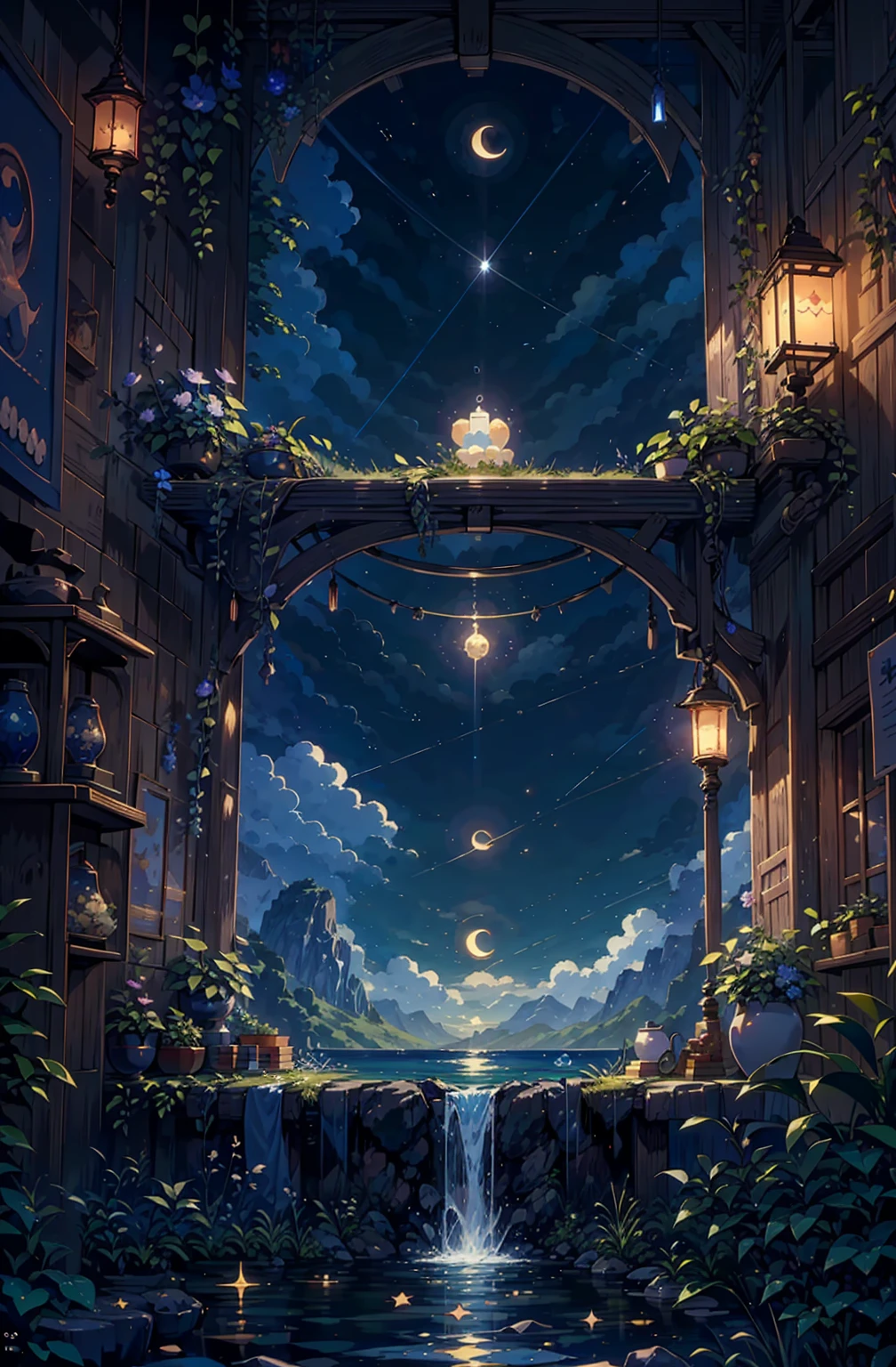 {{{Crescent Moon,Tabletop}}}, {{Highest quality, Ultra-fine illustrations, Beautiful and delicate water}}, {{Very delicate light}}, {{nature, Painting}}, {{Excellent lighting, A more transparent star, Quality Mountains々々々々々々々, Very beautiful 8K PCG wallpaper}}, (plateau), sunrise, Randomly distributed clouds, cliff, ((Rotating starry sky)), ((Lake of the mountain stream)), {{{Glowing particles,samurai,Hold the sword,Japanese sword}}}