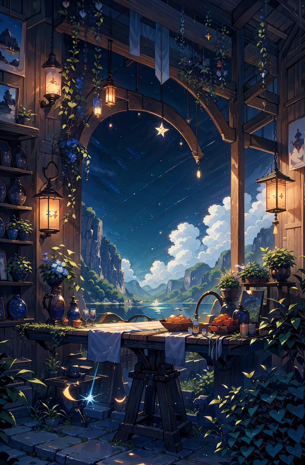 {{{Crescent Moon,Tabletop}}}, {{Highest quality, Ultra-fine illustrations, Beautiful and delicate water}}, {{Very delicate light}}, {{nature, Painting}}, {{Excellent lighting, A more transparent star, Quality Mountains々々々々々々々, Very beautiful 8K PCG wallpaper}}, (plateau), sunrise, Randomly distributed clouds, cliff, ((Rotating starry sky)), ((Lake of the mountain stream)), {{{Glowing particles,samurai,Hold the sword,Japanese sword}}}