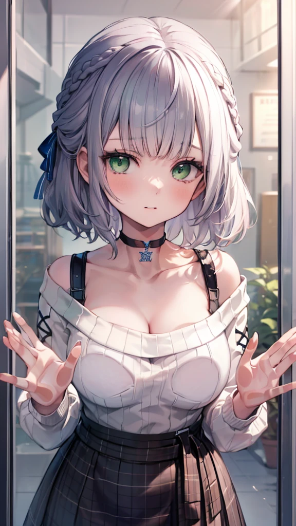 (Ultra-high resolution,masterpiece, Attention to detail, Highest quality), 8K,(ccnoel, short hair, french braid, hair ribbon, green eyes, black choker, collarbone, cleavage, off-shoulder sweater, white sweater, plaid skirt),(Blessed,Captivating body、Ultra-detailed skin、Super beautiful eyes、Detailed Background),One girl, (breasts_on_Glass,breast press, against Glass, hands on Glass),window fog, embarrassed, (no background:1.5), from front