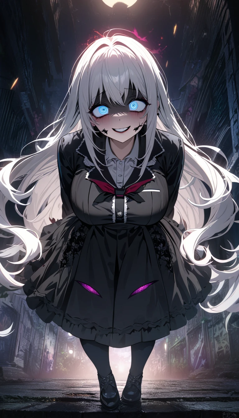 ((masterpiece, best quality)), very aesthetic, ultra detailed, intricate details, highly detailed, UHD, HDR, 8K, perfect face, Silhouette creepy highschool girl in part at night with glowing eyes, white hair, blue eyes, long eyelashes, (black eyeshadow), yameroyandere, constricted pupils, yandere, empty eyes, shaded face, crazy eyes, crazy smile, dark, very tired goth woman, beautiful, detailed lips, large breasts, night, atmosphere, detailed background, neat and clean, thin lines, vibrant environment background, full body, (newest anime art style)