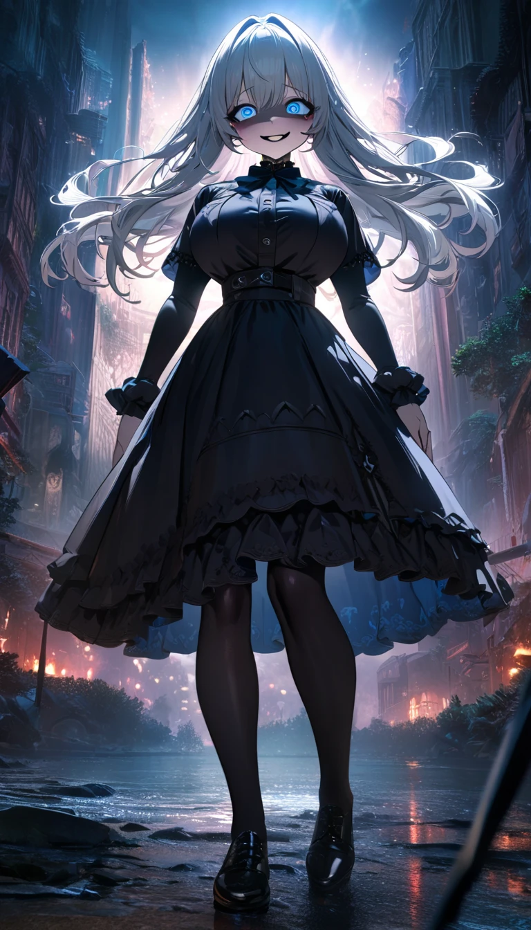 ((masterpiece, best quality)), very aesthetic, ultra detailed, intricate details, highly detailed, UHD, HDR, 8K, perfect face, Silhouette creepy highschool girl in part at night with glowing eyes, white hair, blue eyes, long eyelashes, (black eyeshadow), yameroyandere, constricted pupils, yandere, empty eyes, shaded face, crazy eyes, crazy smile, dark, very tired goth woman, beautiful, detailed lips, large breasts, night, atmosphere, detailed background, neat and clean, thin lines, vibrant environment background, full body, (newest anime art style)