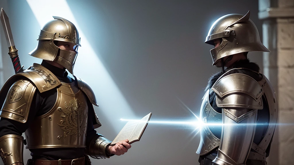 Warrior with medieval armor, helmet, shield and a book in the hand from which I give a Spiritual Sword, light emanating from the book, light emanating from him, War in the air against Light and Dark