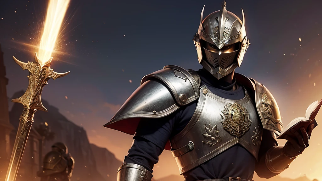 Warrior with medieval armor, helmet, shield and a book in the hand from which I give a Spiritual Sword, light emanating from the book, light emanating from him, War in the air against Light and Dark
