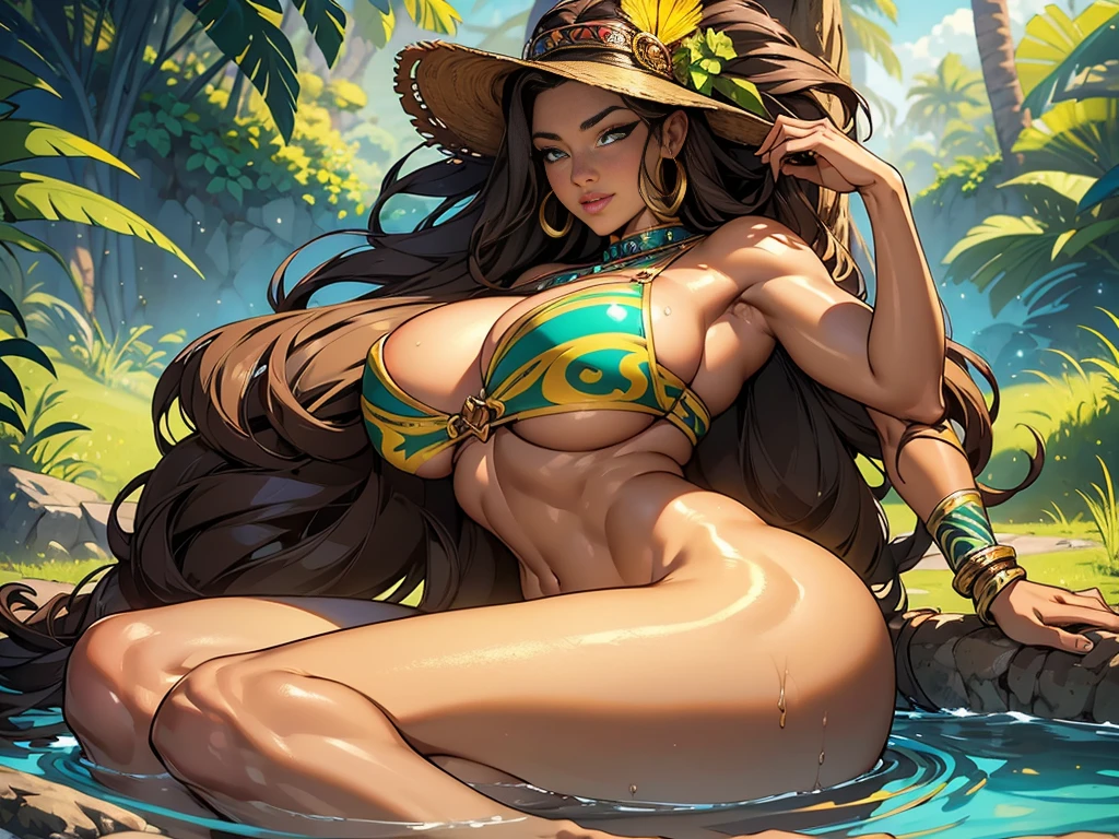 (dark brown skin:1.3), ((borneo tribal girl sitting naked)), wearing tribal accessories, sitting bathing naked in the river, show vaginal and breast, hyper realistic, lifelike texture, Wild Xavante India, extreme tanned skin, full body image, extreme long black straight hair messes over naked , East Asian original art character design, 1girl, Solo, Gray-haired, full bodyesbian, hair adornments, mythology, epic fantasy art, big cheeks, long legs, curvy, indigenous yellow and green breast painting, breast painted blue and yellow, indigenous yellow and green facial painting, Long hair, Gradient, full body image centered around the buxom young miller's exceptionally attractive with big breast and reavling exposed cleavage with wide hips and narrow waist and exuding an alluring and voluptuous physique that radiates warmth and sensuality, gisele bundchen, cheerfull and happy expression on her face, hyper-realistic photography portrait, beautiful lips,detailed large eyes, Her eyes are a striking and inviting feature, erotic fantasy, Her sweet face has puffy, kissable lips and stunning, highly realistic eyes, 8k eyes, beautiful detail eyes, realistically shaded eyes, big eyes in vibrant colors.