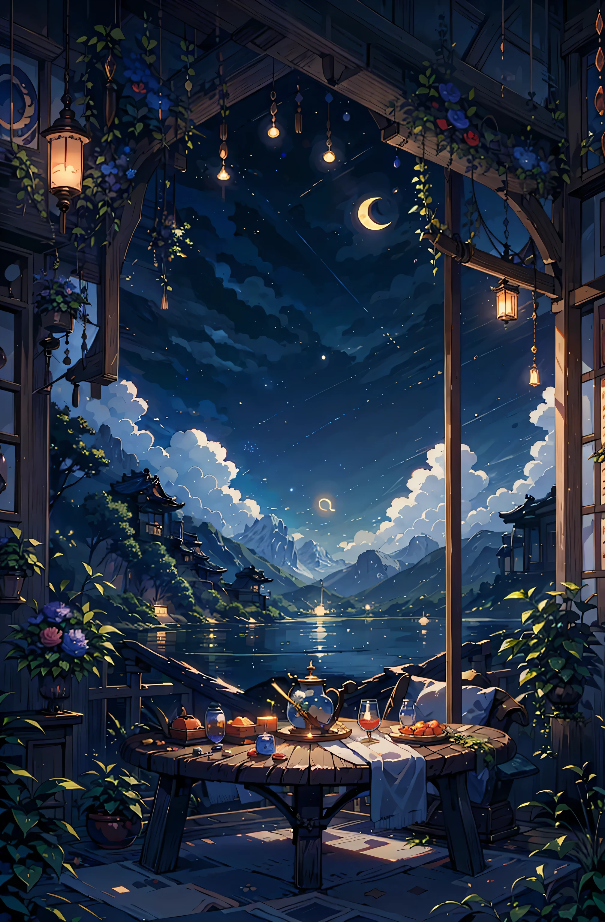 {{{Crescent Moon,Tabletop}}}, {{Highest quality, Ultra-fine illustrations, Beautiful and delicate water}}, {{Very delicate light}}, {{nature, Painting}}, {{Excellent lighting, A more transparent star, Quality Mountains々々々々々々々, Very beautiful 8K PCG wallpaper}}, (plateau), sunrise, Randomly distributed clouds, cliff, ((Rotating starry sky)), ((Lake of the mountain stream)), Glowing particles,samurai,Hold the sword,Japanese sword