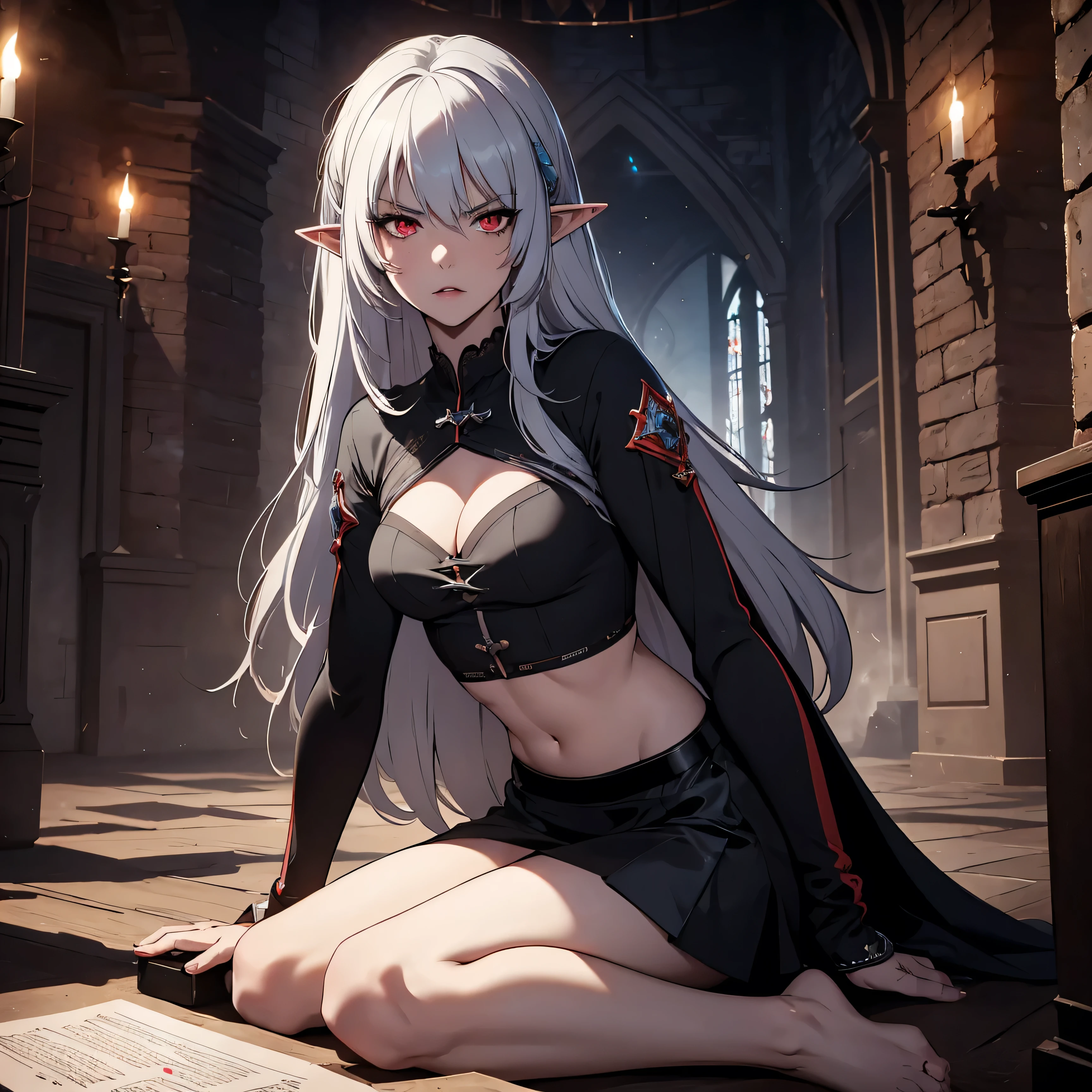 1girl, (solo), alice, vampire, grey hair, long hair, red eyes, pointy ears, serious face, small breasts, small size, sexy black crop top, sexy little black skirt, sex view, full body, very lots of cum on sex, sitting down, medieval castle room, (night), white moon, (very sexy body, detailed face, masterpiece, highly detailed, 8k, best quality, vibrant colors, digital art, concept art)