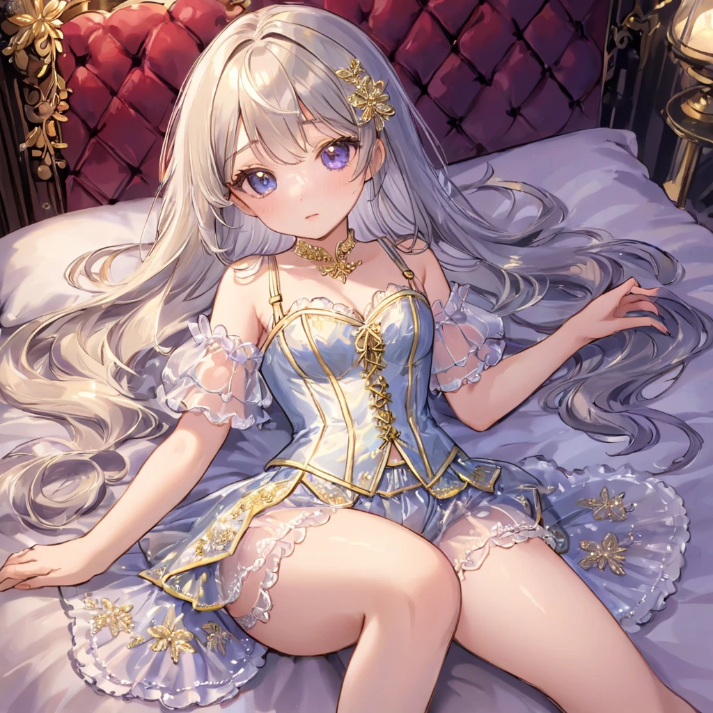 8-year-old girl, 1people々、pajamas、Gold and silver thread embroidery、Translucent underwear that reaches below the knee(Bloomers)wear、wear a semi-transparent corset、Translucent slip