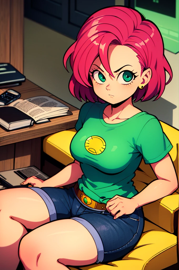 Highest quality、masterpiece、Akira Toriyama、Chrono Trigger、Deformation、An illustration、girl、Pink Hair、short hair、Blue-green eyeint green shirt