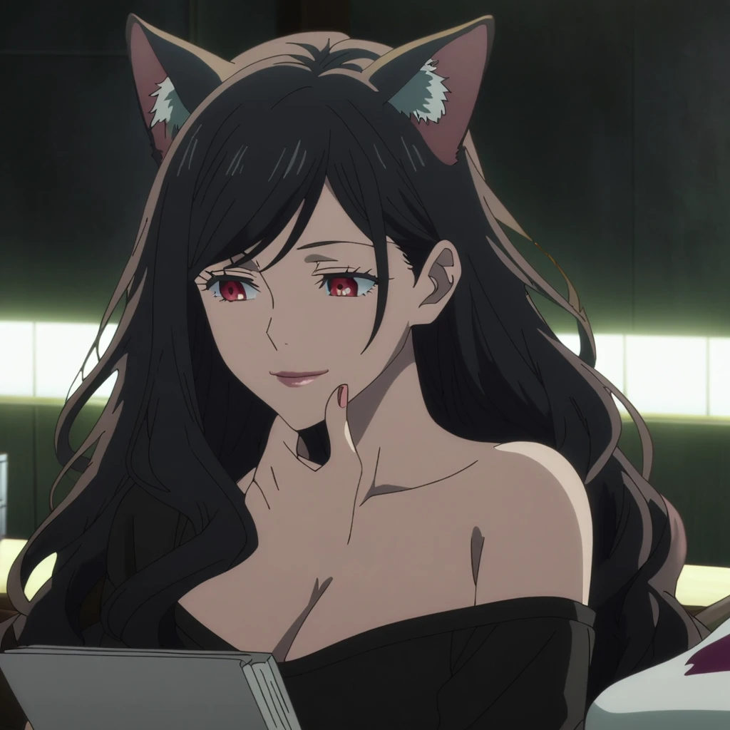 1girl, female gojo satoru, anime screencap from jujutsu kaisen, gojo satoru female version, solo, very long_hair, ((smooth texture hair)) ((red eyes)), ((very long wavy black_hair)) ((cat ears)) night view, breasts, upper_body, smile, indoors, book, bangs, lips (( very long wavy hair, swept bangs)) wearing black color sweater off the shoulder, breast, "very detailed and high resolution" (red eyes) ((one hand on the chin))  ((smooth texture hair)) ((solo)) ((high resolution)) ((upper body)) (Good quality)  cleavage, (sitting) (cat ears)