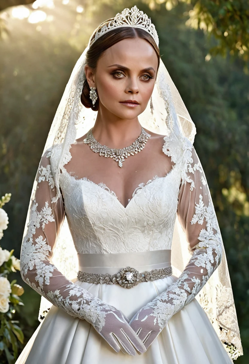 Christina ricci modeling in a majestic, outdoor setting, adorned in a lace bohemian bridal gown boasting long sleeves ribbon belt on waist, Crowning her head are flowers and a veil while diamond earrings and necklace sparkle in contrast with the white satin of her elbow-length opera gloves, realistic, 4k, hd, detailed, perfect anatomy, perfect hands, perfect face
