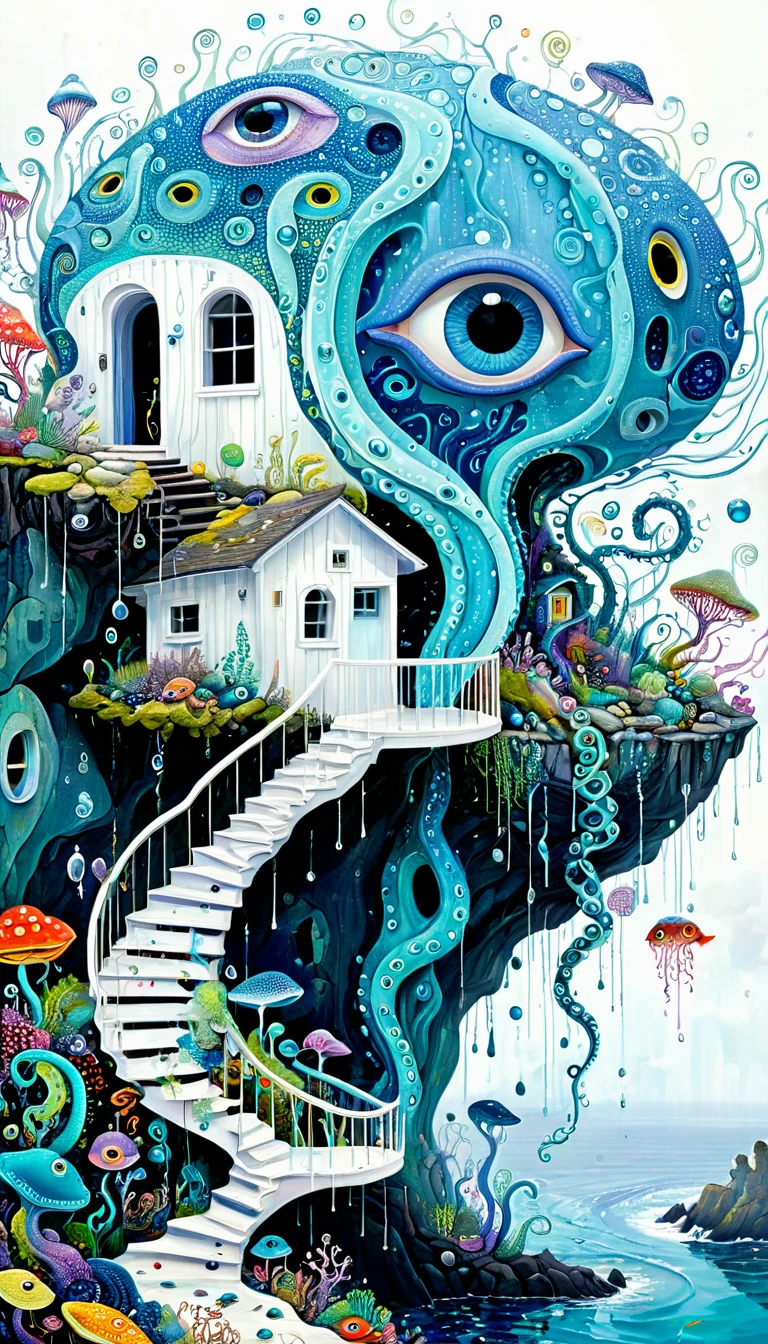 &quot;Dick Ellescas Artist Style&quot;,cabin on cliff，Tentacles瀑布，fish，Tentacles，bird、Eye、eyeball、diatom，Spiral Staircase，Stitching together an abstract painting，Describing the inner world of autistic people，Sense of space，White Space，interesting，Innocence，Psychedelic Art，Blue Theme