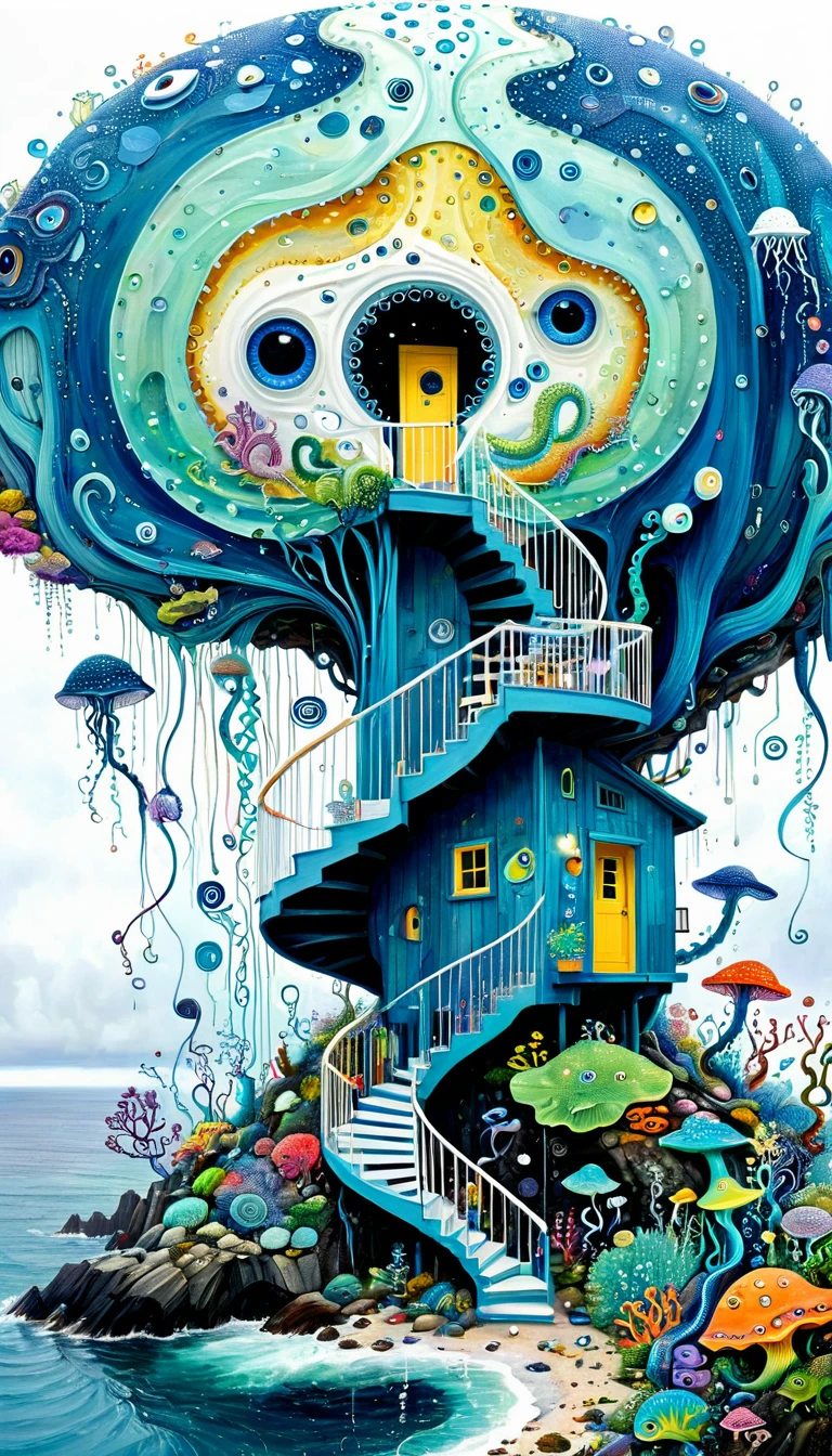 "Dick Ellescas Artist Style",cabin on cliff,Tentacles瀑布,fish,Tentacles,bird、Eye、rain、diatom,Spiral Staircase,Stitching together an abstract painting,Describing the inner world of autistic people,Sense of space,White Space,interesting,Innocence,Psychedelic Art,Blue Theme