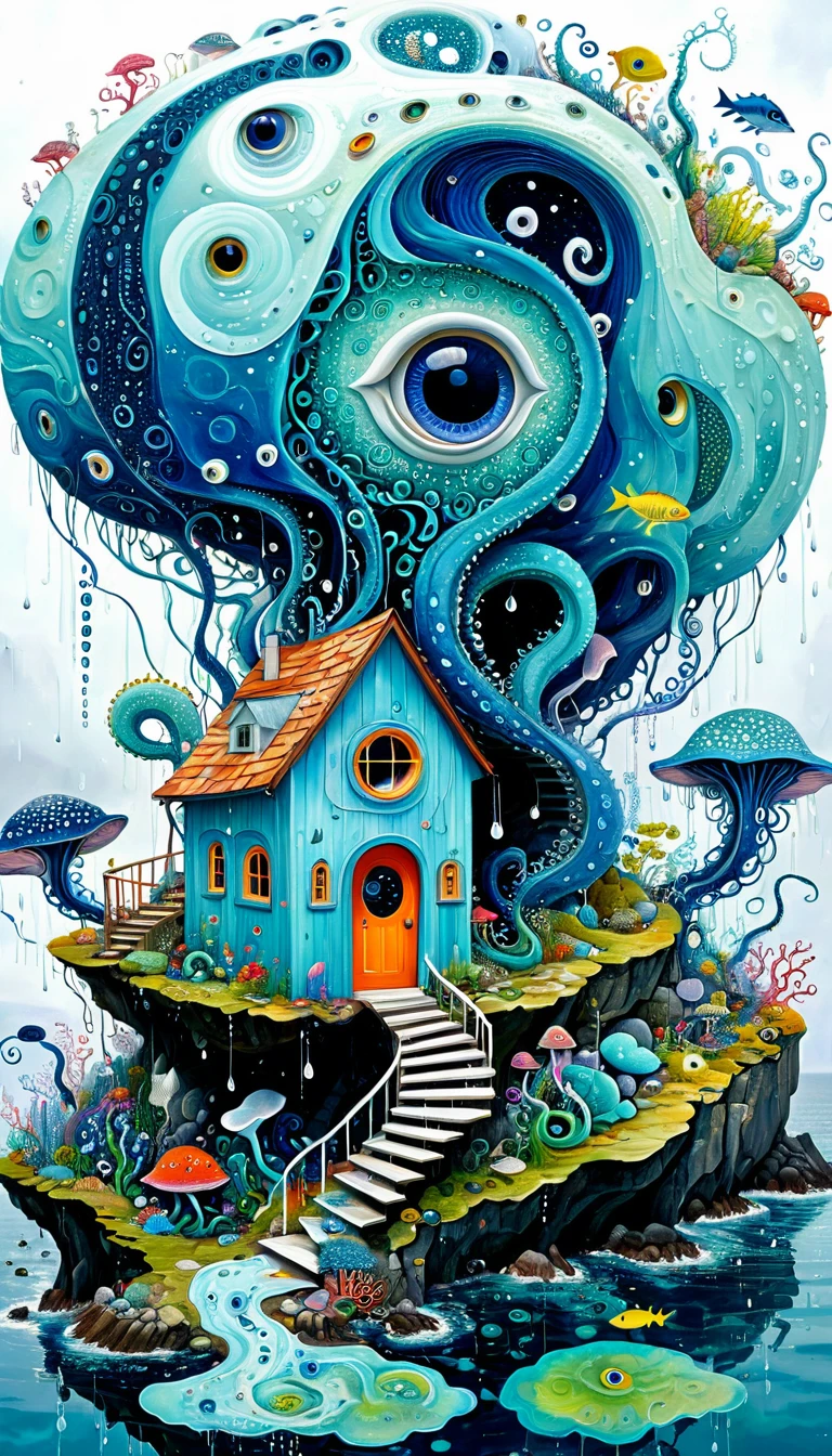 &quot;Dick Ellescas Artist Style&quot;,cabin on cliff，Tentacles瀑布，fish，Tentacles，bird、Eye、eyeball、diatom，Spiral Staircase，Stitching together an abstract painting，Describing the inner world of autistic people，Sense of space，White Space，interesting，Innocence，Psychedelic Art，Blue Theme