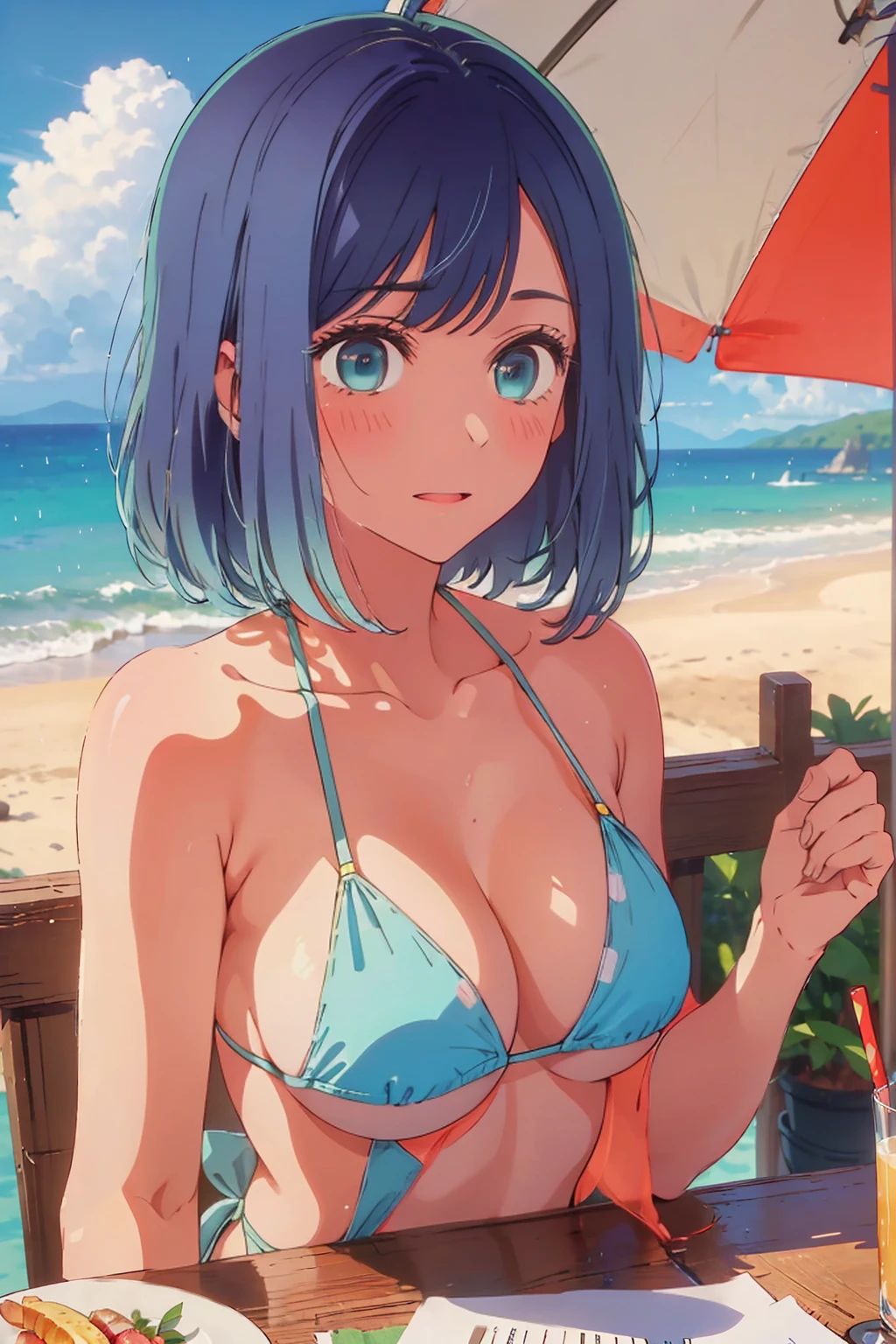 (Highest quality:1.4、masterpiece:1.4、Super detailed:1.4、8K:1.4)、((((1 person、Surprised expression、sit、Cafe Terrace、coastal、juice、table、Sandy Beach、juiceのグラスを持つ、Micro Bikini、Very soft boobs、Big eyes、Cloudy、It rains、Very cute face))))、F cup bust、Medium breast、Underboob、Sideboob