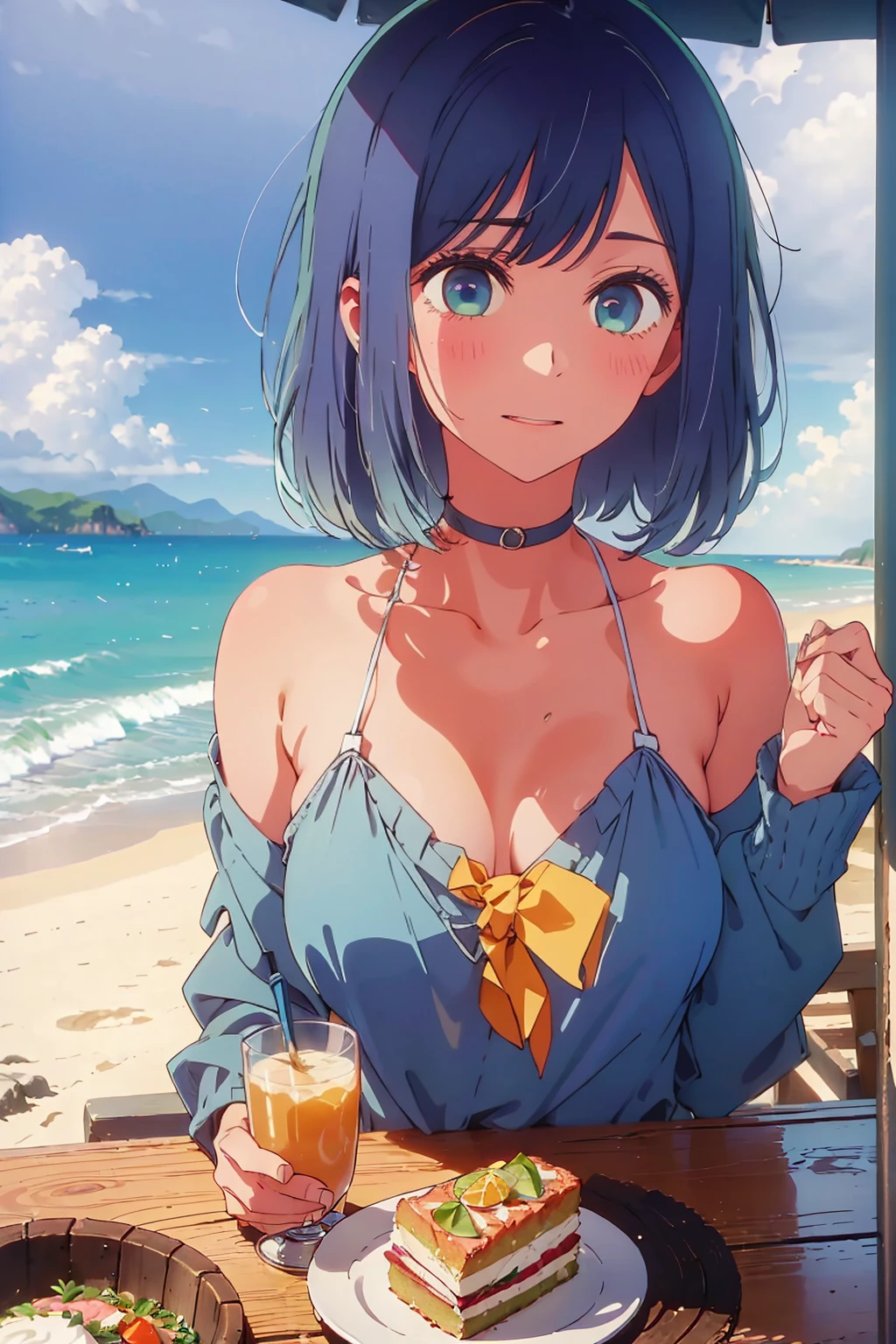 (Highest quality:1.4、masterpiece:1.4、Super detailed:1.4、8K:1.4)、((((1 person、Surprised expression、sit、Cafe Terrace、coastal、juice、table、Sandy Beach、juiceのグラスを持つ、Micro Bikini、Very soft boobs、Big eyes、Cloudy、It rains、Very cute face))))、F cup bust、Medium breast、Underboob、Sideboob