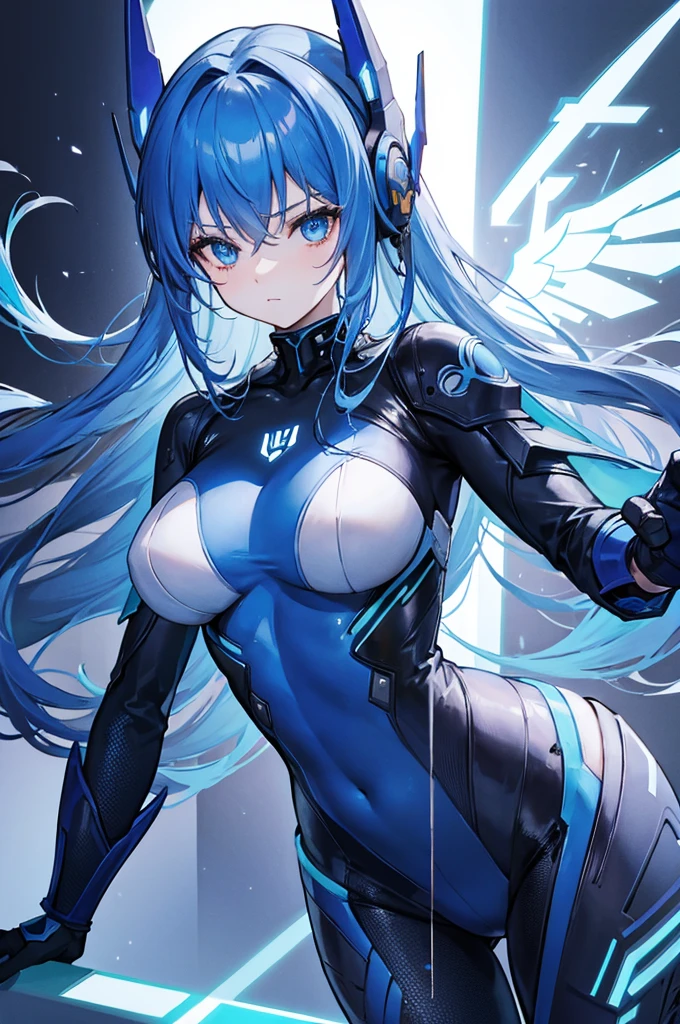 4k, highres, 1girl, detailed face, beautiful blue eyes, long cream hair, large breasts, Valkyrie, tight blue cyber suit, cyber wings, cyber headgear, cyber Japanese sword, futuristic cityscape, photorealistic, cinematic lighting, dramatic atmosphere, intricate details, vibrant colors
