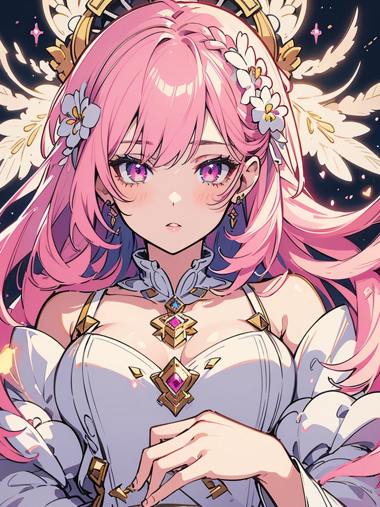 a cute anime girl with pink hair, beautiful detailed eyes, beautiful detailed lips, extremely detailed face, longeyelashes, gorgeous detailed clothing, elegant pose, cinematic lighting, vibrant colors, glowing skin, highly detailed, digital art, masterpiece, photorealistic, 8k, best quality