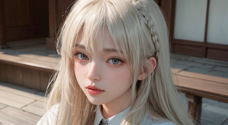 (Long Hair, bangs, Platinum Blonde Hair:1.2),(Wearing school uniform:1.2),1 girl,Japanese,21 years old,(Small :1.3),(Highest quality,masterpiece:1.3,超A high resolution,),(Ultra-detailed,Caustics),(Photorealistic:1.4,RAW shooting,)Ultra-Realistic Capture,Very detailed,High resolution 16K human skin close-up。 Natural skin texture、,Pores、、It needs to be detailed enough to be easily identifiable。 Skin should be even-toned and healthy looking。 Use natural light and colour, Sad expression, Looking at the camera, Perfect dynamic composition, Inside the church