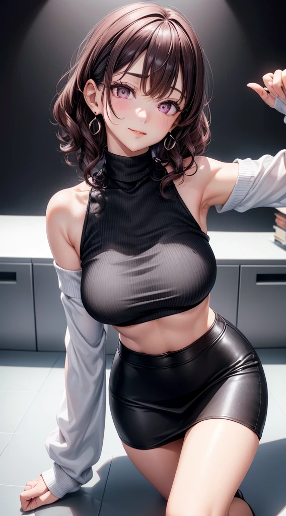 8K, highres, ultra detailed, (masterpiece:1.4), best quality, symmetrical body, (tight black roll-neck sweter:1.4), (Tight skirt:1.4),, cute, 独奏, earrings, short hair,Long Wavy Hair, pink eyes, glow effect, finely eye, grinning, Sad expression, detailed face, looking at viewer, smilling at viewer, office, standing, angled view, big breasts, teasing, seductive look