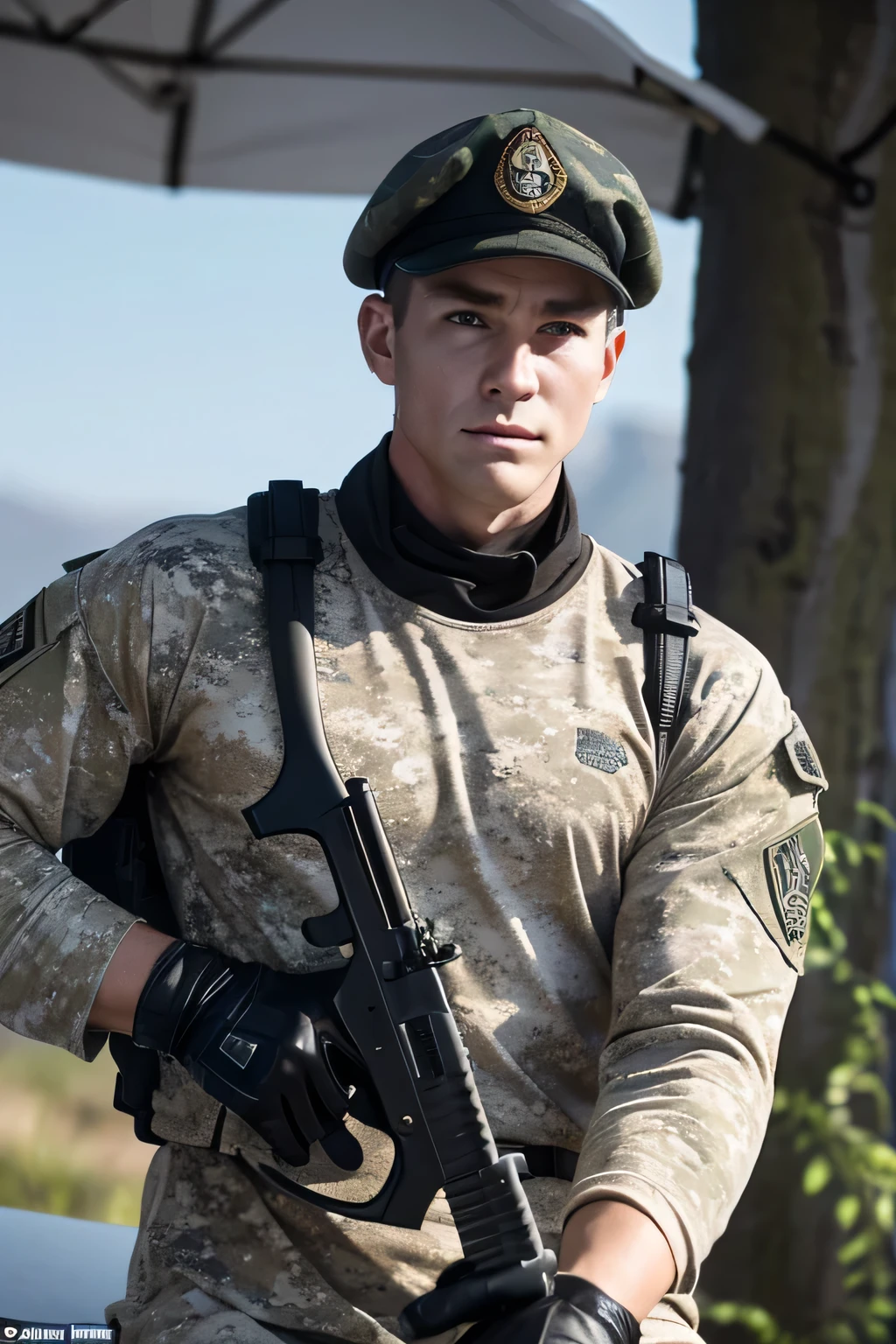 A modern white male soldier in the American West,On the battlefield,fully armed,Facing the audience head-on,Wearing black tactical gloves,Wearing camouflage training cap,no mask on,Not with a gun