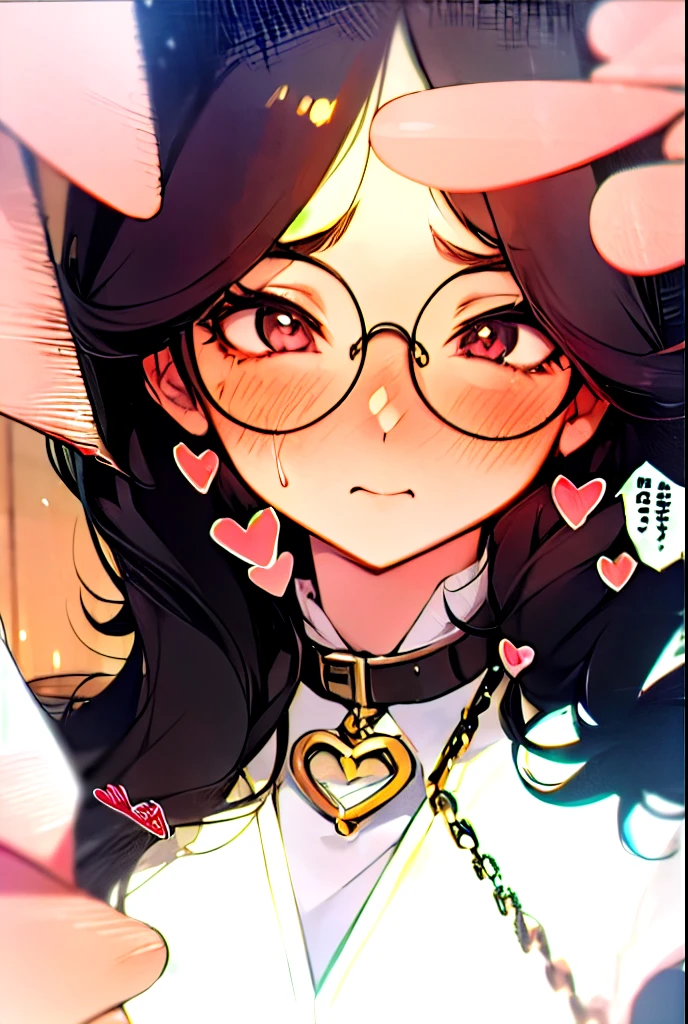 Super Detail, High Detail, high quality,,girl,girl特写,blush,Selfie,Round glasses frame,big eyes,Heart pupil,Lustful,Collar,Long hair,黑Long hair,chain,girl