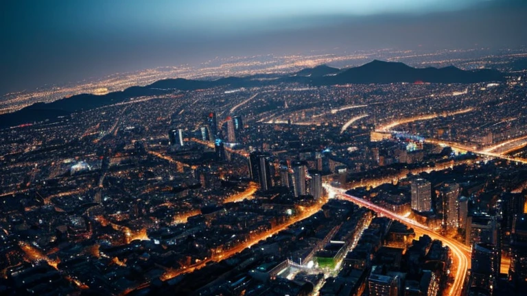 Night city view from a little higher ground、There is a hazy moon in the night sky、A gentle wind is blowing