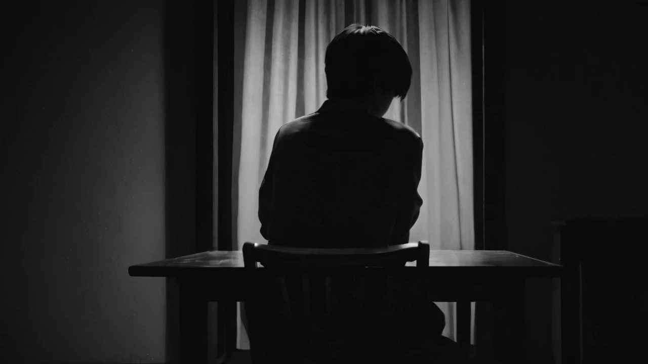 A dark and poorly lit room, A man is sitting at the table, with your back to the window. The dim light reveals a shadowy figure discreetly peering through the half-open curtains.. Your eyes glow faintly in the darkness, creating an atmosphere of suspense and intrigue, (アニメ), Bizarre scenario, This is Junji, Yusuke Murata, black andwhite, 8K, アニメ, horor