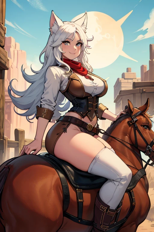 Perfect face, perfect hands. A young silver haired female cowboy with green eyes and an hourglass figure in a conservative and Gothic cowgirl outfit is riding a black horse in a wild west town with a big smile