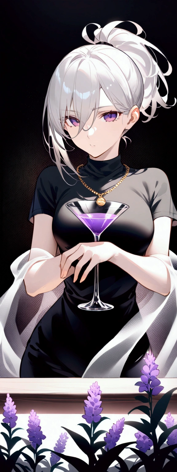 1 female, Stand at the bar, Mature, 31 years old, Silver hair, Short Ponytail, Hair intake, Side lock, Hair between the eyes, Deep purple eyes, She is wearing a grey crew neck shirt，There are short sleeves inside, She also wore a black silk bodycon dress, Finally, a long, It is covered with a light purple transparent shawl, It is open. Tightly closed lips, A faint smile, Slightly tilted hair, For the audience, Cowboy shooting, She holds a cocktail glass，Purple cocktail in glass，The cup is decorated with purple flowers, dark mood, Golden necklace, Clear lining