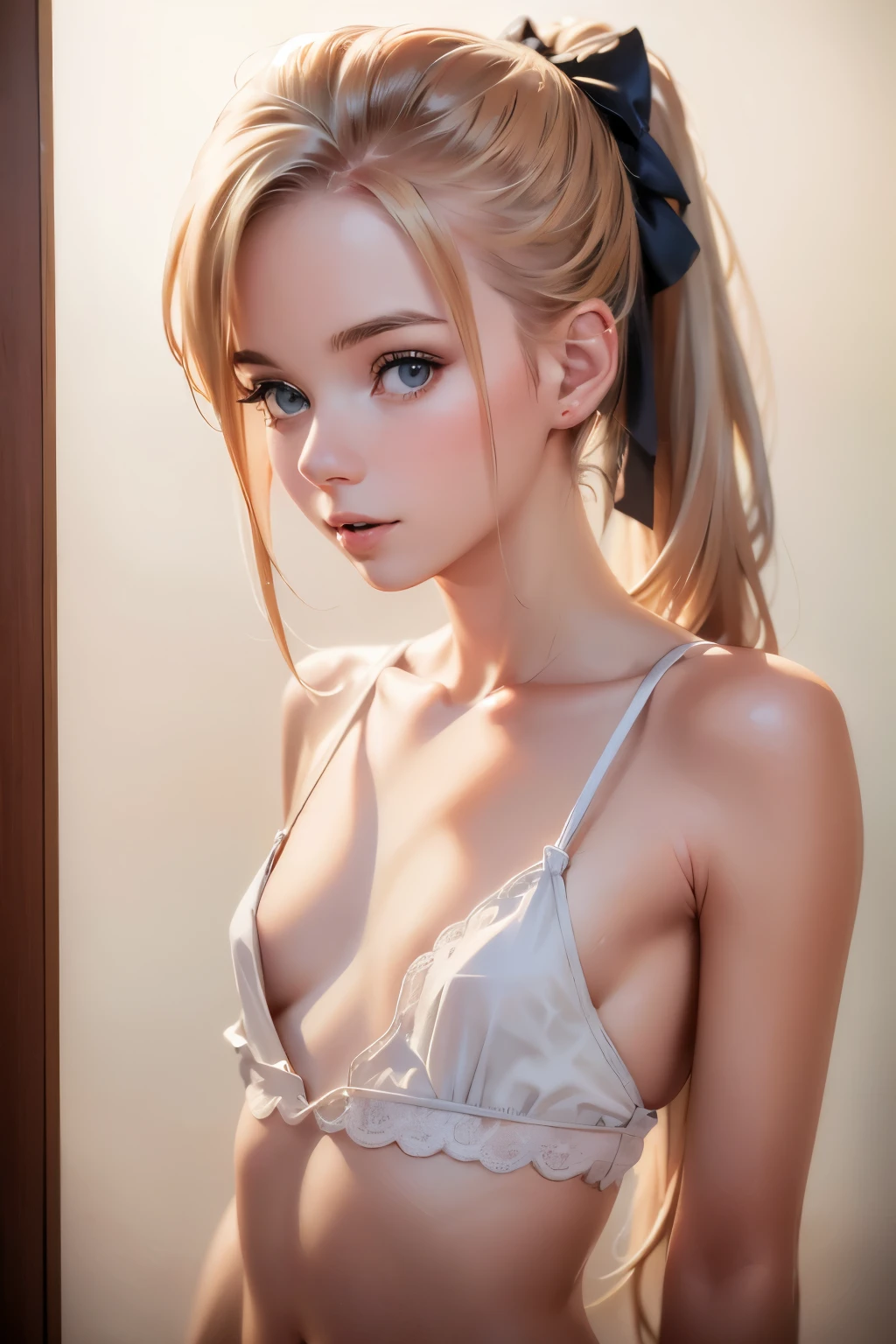  ((best quality)), ((masterpiece)), (detailed), NSFW, small breasts, prominent collarbones, skinny arms, flat stomach, visible hip bones, long hair, red hair, white hair, blonde hair, dark hair, ponytail, thick ponytail, heavy ponytail, Realistic Shadows, Detailed skin, Very small breasts, Hair Ribbon, Very detailed, highly detailed face, Perfect face shape, Perfect lips, Perfect nose, Correct beautiful eyes, Watching Viewer, Best Quality, Single Girl, No bra, No panties, Solo 