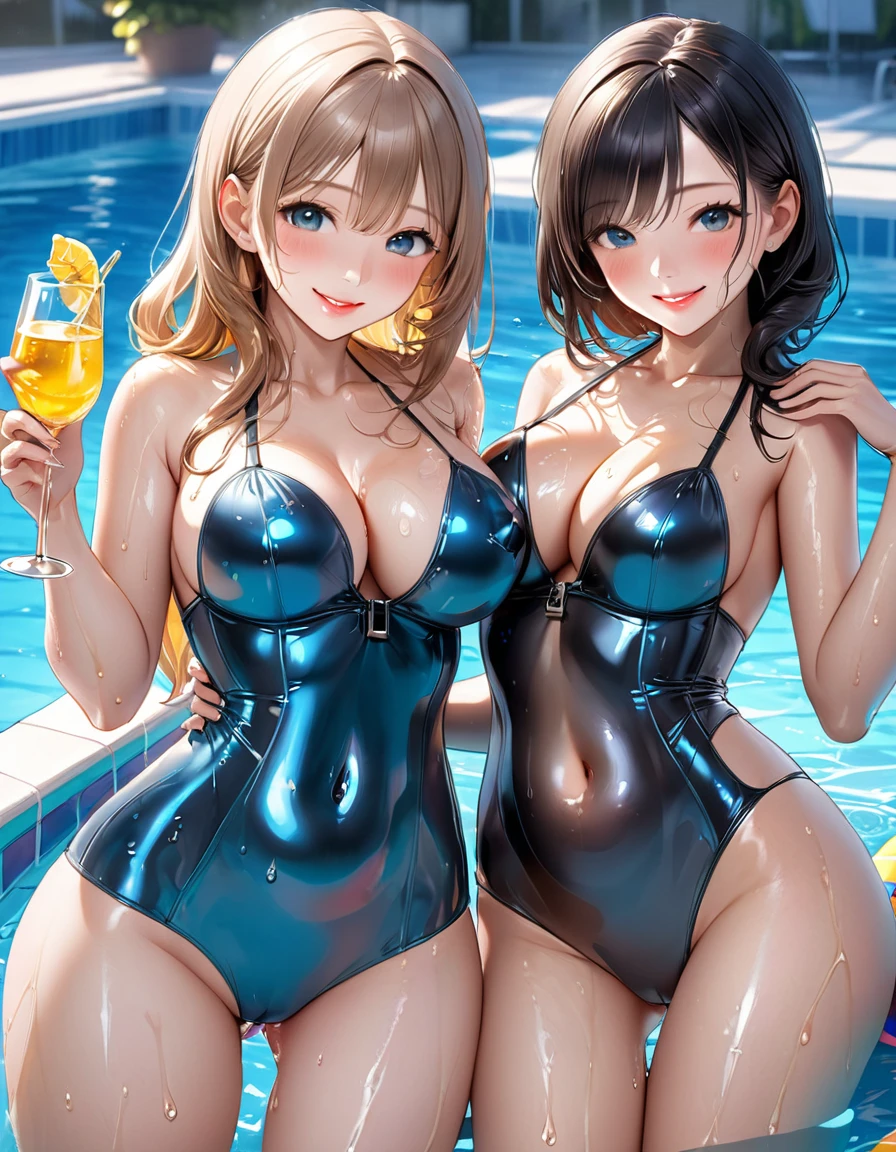 Two young beautiful women,(Highest quality,Extremely detailed depiction,Incredibly absurd high resolution,Anatomically accurate depiction,Two lovely hands, Five perfect fingers,Curvy Legs),(Glowing Skin,Shiny skin,Oilskin),Holding a glass of alcohol,Latex Swimwear,There is cleavage in the chest,Glossy Lips,In the pool,Happy smile,Sweat,Wet body,background:Pool Party,blue sky