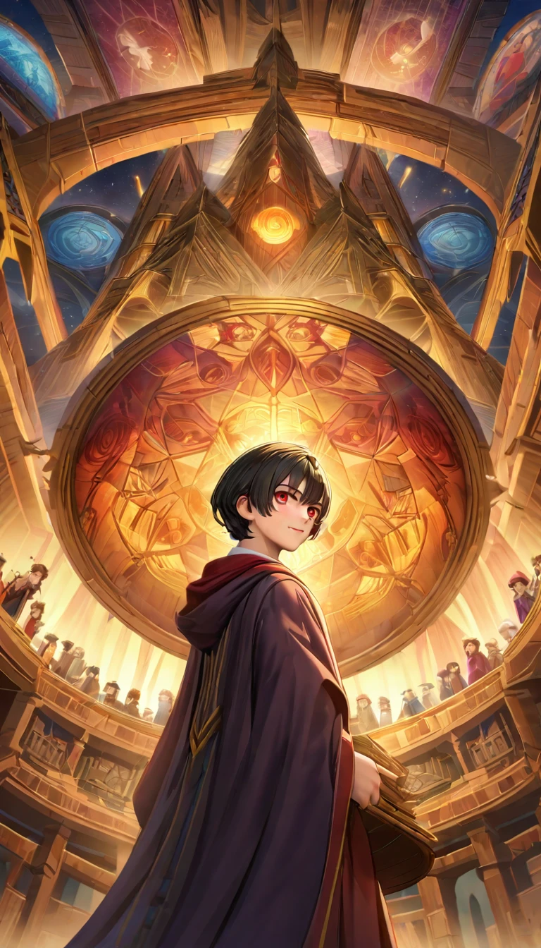 young man ,Wear the Sorting Hat from the Harry Potter movies.,At Hogwarts School of Witchcraft and Wizardry, View from below, Drawing a picture of a dream atmosphere, Highly detailed movie scenes, visionary art., CGI style, Cozy mystery, Masterpiece 8k wallpaper, unreal engine, incredible light,Tubok hairstyle,black hair,gold highlights,red eyes,tribe,vampire,handsome face,half body,black gown,