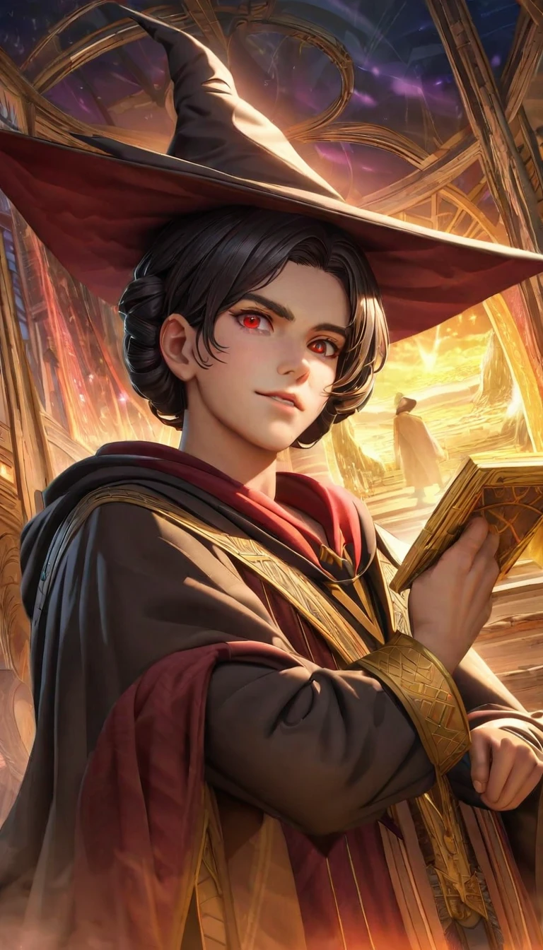 young man ,Wear the Sorting Hat from the Harry Potter movies.,At Hogwarts School of Witchcraft and Wizardry, View from below, Drawing a picture of a dream atmosphere, Highly detailed movie scenes, visionary art., CGI style, Cozy mystery, Masterpiece 8k wallpaper, unreal engine, incredible light,Tubok hairstyle,black hair,gold highlights,red eyes,tribe,vampire,handsome face,half body,black gown,