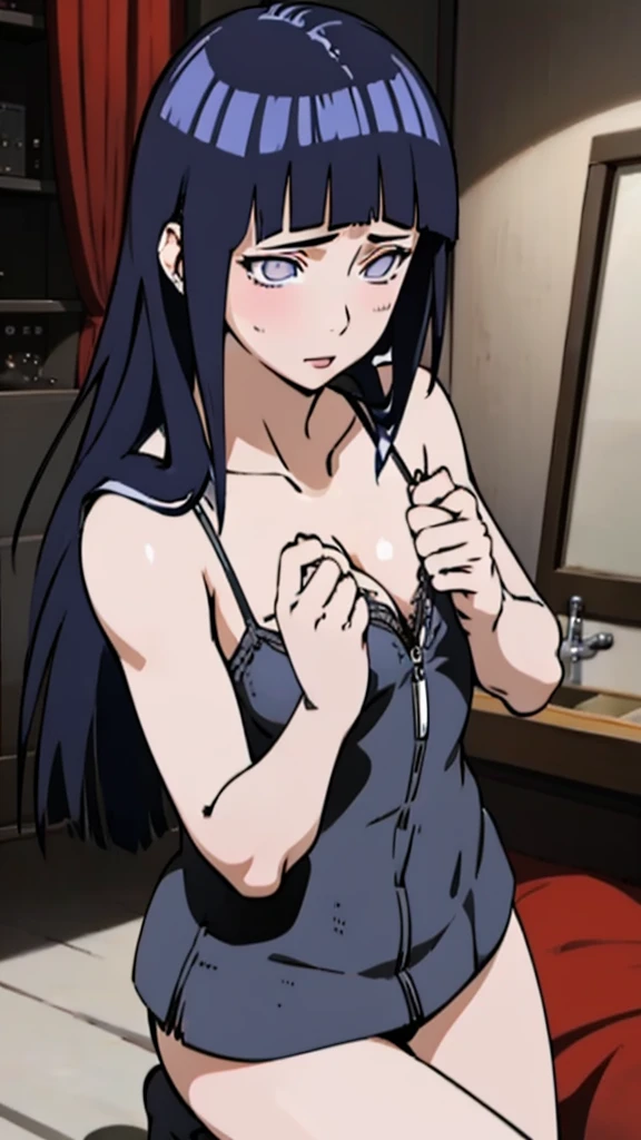 Masterpiece, Best Quality, 1girl, Hinata Hyuga, purple lingerie, Fishnet shirt, lingerie purple, erotic lingerie, shiny skin, Home, room, on bed, pose provocative