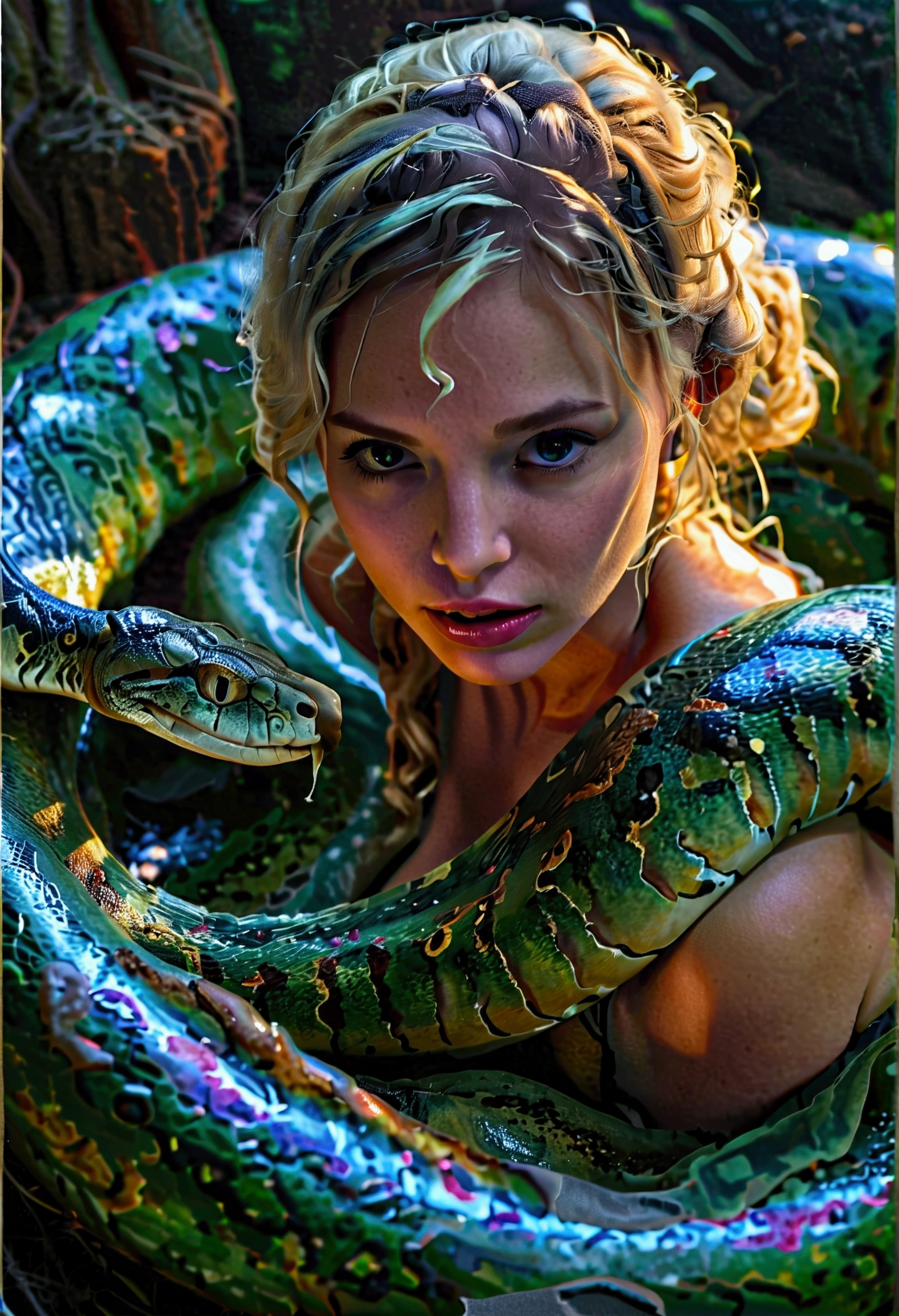 Pregnant Happy Horny, aroused 1girl), beautiful kneeling blonde young teen girl with giant colossal Kaa monster squeezing her hard, wrapped in thick spiraling coils, constricted, struggle, gasping for air, snake attack, snake peril, moonless night, dim light