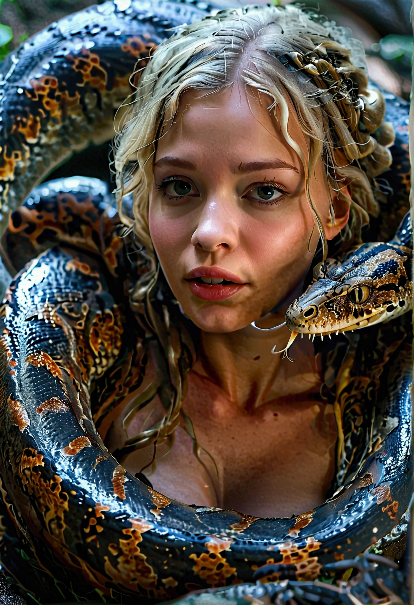Pregnant Happy Horny, aroused 1girl), beautiful kneeling blonde young girl with giant colossal Kaa monster squeezing her hard, wrapped in thick spiraling coils, constricted, struggle, gasping for air, snake attack, snake peril, moonless night, dim light