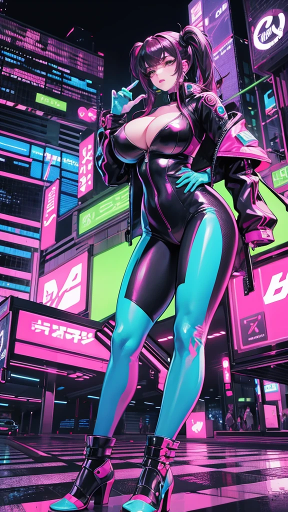 Cyberpunk girl with huge breasts in a neon suit with huge cleavage on a futuristic motorcycle in the city
