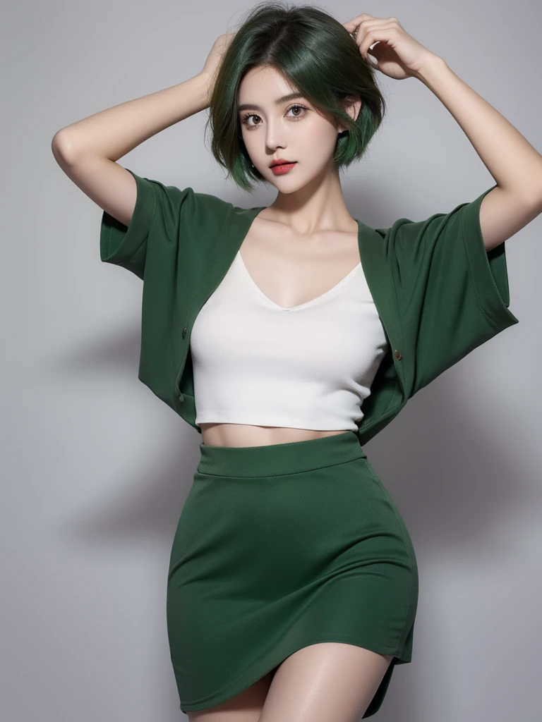 21-year-old girl, Green Hair, Orange skirt,White top，（short hair)，personality，Gray background