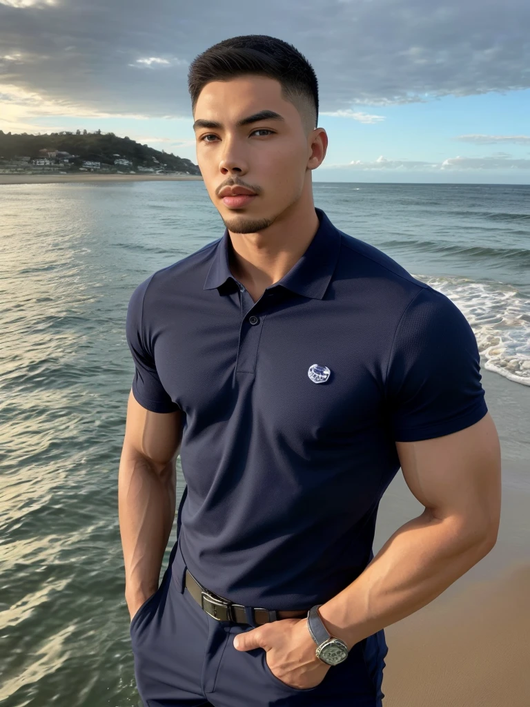 Tony Labrusca, Young man in a navy blue polo shirt Standing by the sea with an expression, looking into the distance Turn your head slightly.,Cloudy dayTony Labrusca, Young man in a navy blue polo shirt Standing by the sea with an expression, looking into the distance Turn your head slightly.,Cloudy day