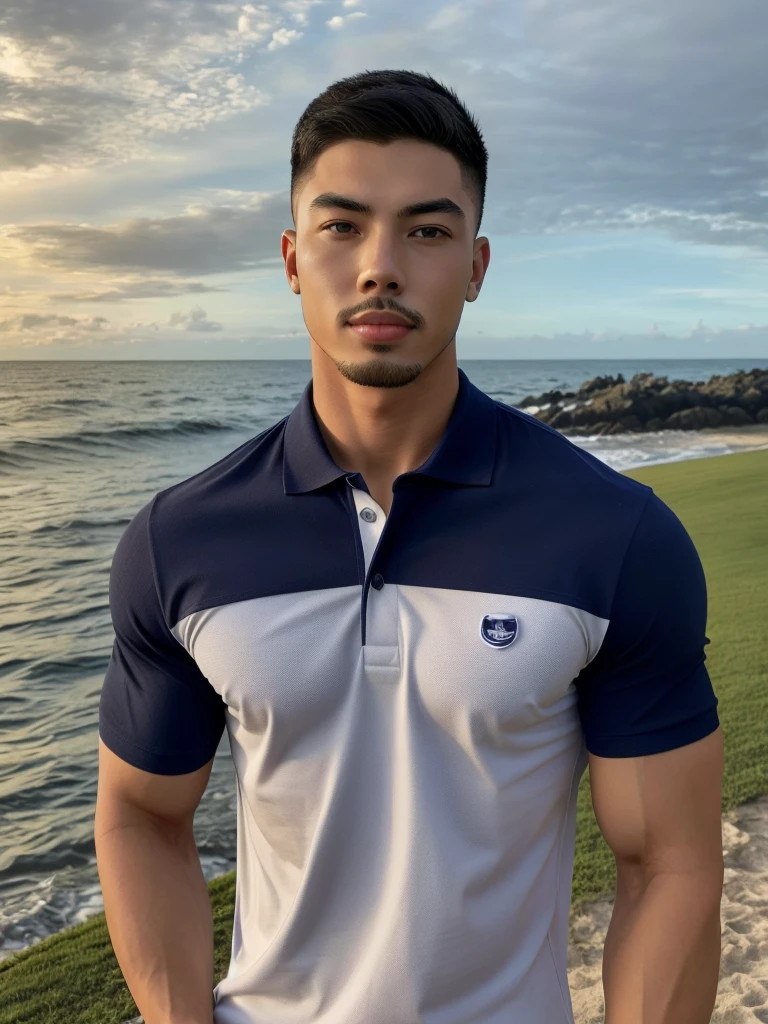 Tony Labrusca, Young man in a navy blue polo shirt Standing by the sea with an expression, looking into the distance Turn your head slightly.,Cloudy dayTony Labrusca, Young man in a navy blue polo shirt Standing by the sea with an expression, looking into the distance Turn your head slightly.,Cloudy day