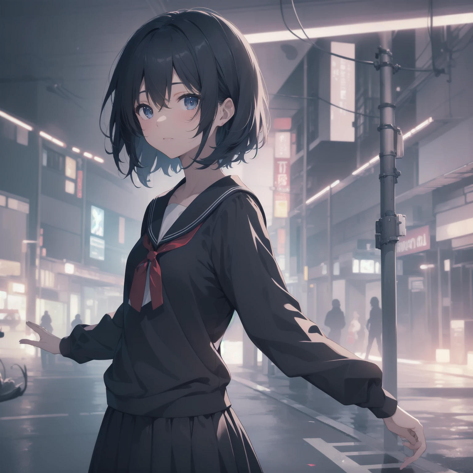ultra-absurdres-Top quality by artist God, ultra-detailed, high resolution, anime moe artstyle, best anime 8k konachan wallpaper, pixiv contest winner, pool:2810, perfect anatomy,break, 1girl, (Please draw a girl walking sleepily to school alone. )break,(Solo,little female, 13-year-old:1.3),Full limbs, complete fingers,a junior high school student, (very short hair), short cut, flat chest, , small butt, small black eyes, beautiful detailed eyes, well-proportioned iris and pupils, expressive eyes, highres detailed hair, soft expression, salor school_uniform, sailor collar, serahuku, bow, pleated skirt,(Detailed Lighting), (Detailed background), in the School commute route. break,super detailed skin, Best cinematic lighting powered by famous artist, 8k,beauty illustration,photoshop_(medium),very aesthetic,break,((artist:mizuki_makoto )), artist:clamp ,artist:carnelian ,artist:kantoku ,